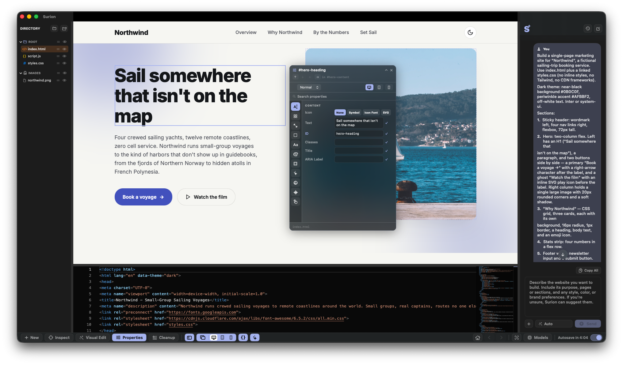 Surion running on macOS with the Element Property Panel open over a selected website heading