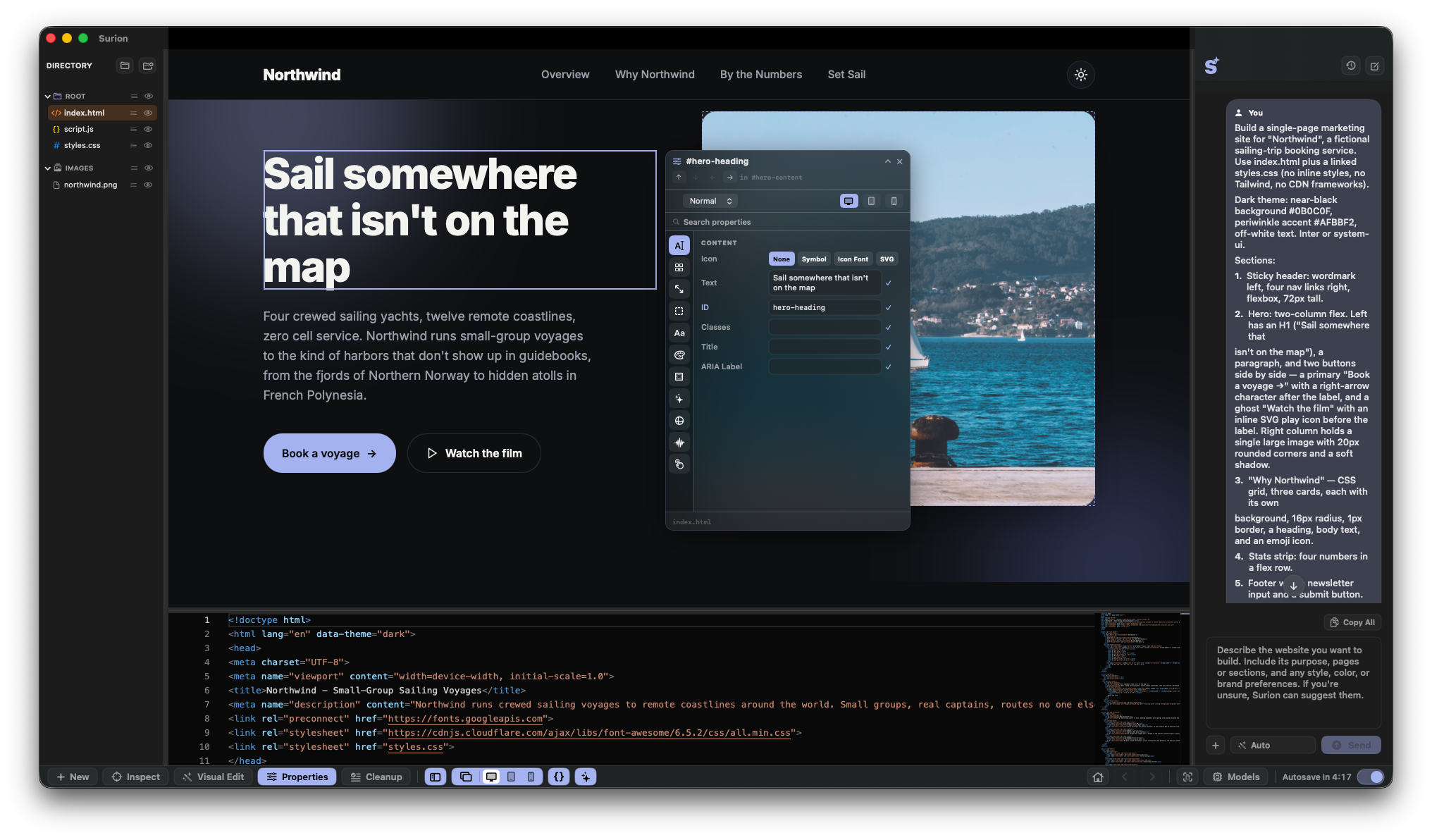 Surion running on macOS with the Element Property Panel open over a selected website heading